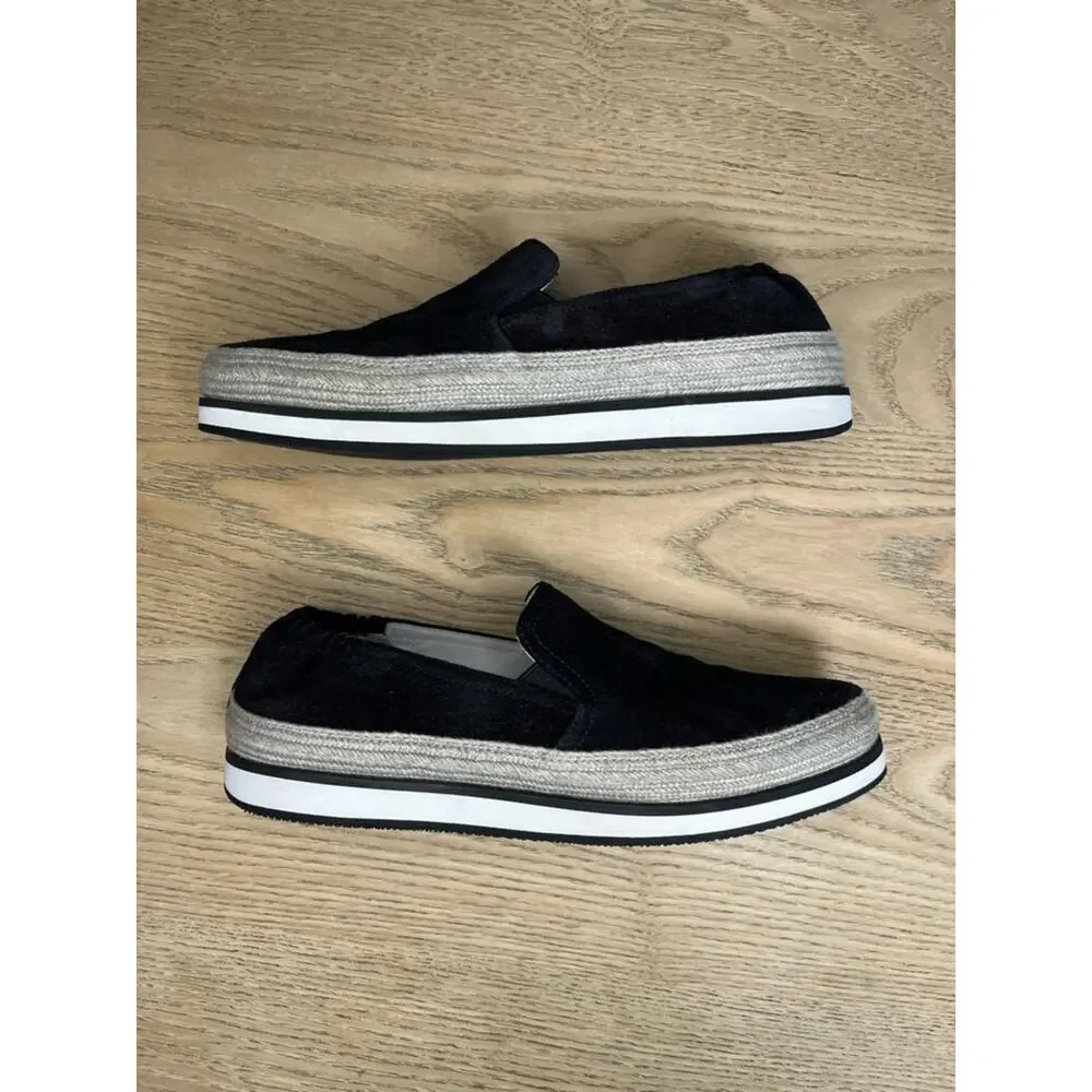 PRADA Saint Tropez Espadrille Slip On Platform Sneakers Black Suede Size 7.5